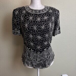 Laurence Kazar Medium Silk Blouse Vintage 90s Evening Shirt Sequin Flower Beaded